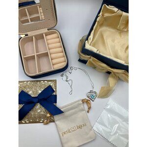 925 Sterling Silver Heart Necklace and Velvet Travel Jewelry Box Organizer Case